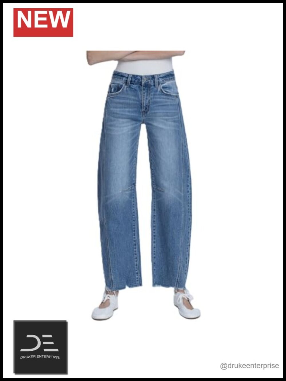 High Rise Barrel Leg Jeans Raw Hem Seam Detail 99% Cotton Denim